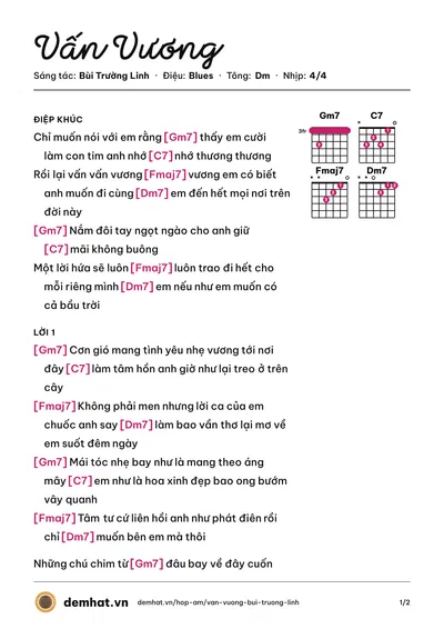 Hợp âm Vấn Vương (Bùi Trường Linh) – bản nhạc PDF trang 1, tông Dm