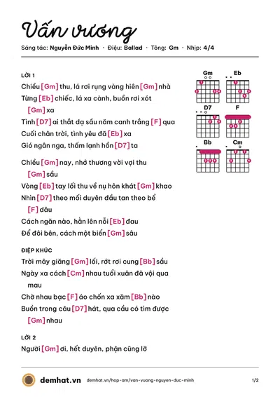 Hợp âm Vấn vương (Hồng Ngọc Diễm) – bản nhạc PDF trang 1, tông Gm
