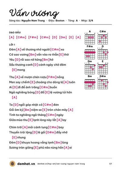 Hợp âm Vấn vương (Phương Thùy) – bản nhạc PDF trang 1, tông A
