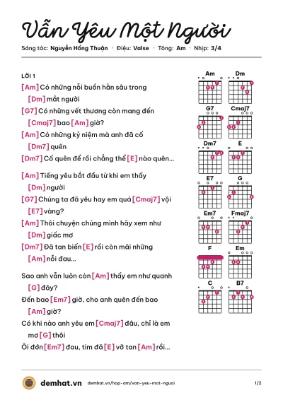 Hợp âm Vẫn Yêu Một Người (Quang Dũng) – bản nhạc PDF trang 1, tông Am