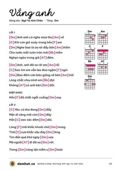 Hợp âm Vắng anh (Giao Linh) – bản nhạc PDF trang 1, tông Dm