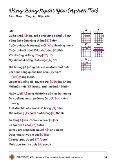 Hợp âm Vắng Bóng Người Yêu (Après Toi) (Elvis Phương) – bản nhạc PDF trang 1, tông A