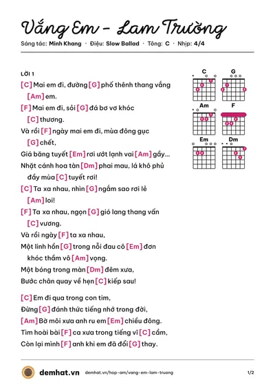 Hợp âm Vắng Em - Lam Trường (Lam Trường) – bản nhạc PDF trang 1, tông C