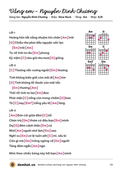 Hợp âm Vắng em - Nguyễn Đình Chương (Nguyễn Đình Chương) – bản nhạc PDF trang 1, tông Am