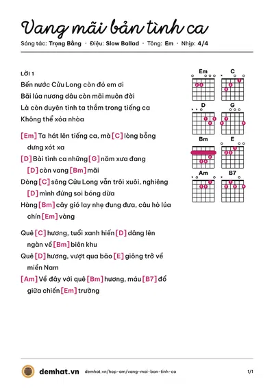 Hợp âm Vang mãi bản tình ca (Trọng Bằng) – bản nhạc PDF trang 1, tông Em