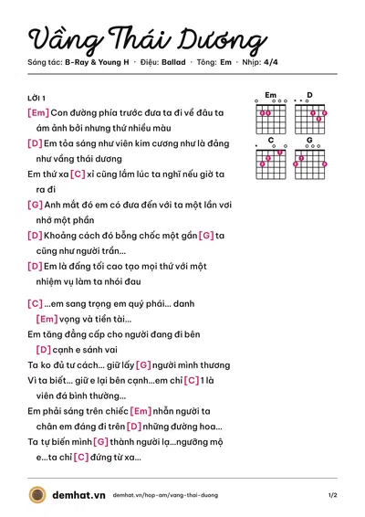 Hợp âm Vầng Thái Dương (B-Ray) – bản nhạc PDF trang 1, tông Em