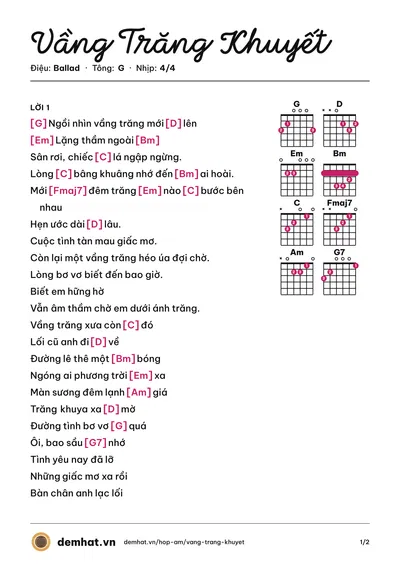 Hợp âm Vầng Trăng Khuyết (Lam Trường) – bản nhạc PDF trang 1, tông G