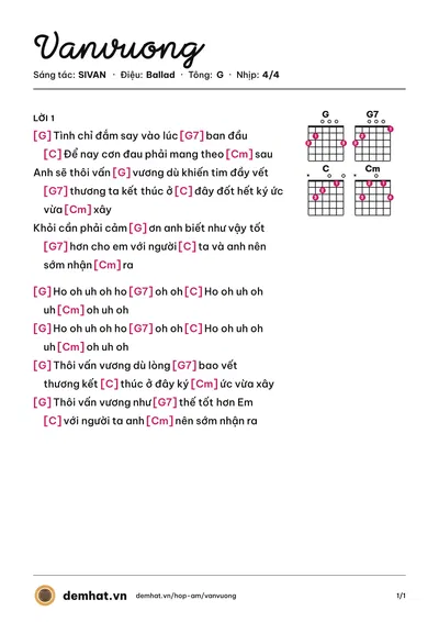 Hợp âm Vanvuong (SIVAN) – bản nhạc PDF trang 1, tông G