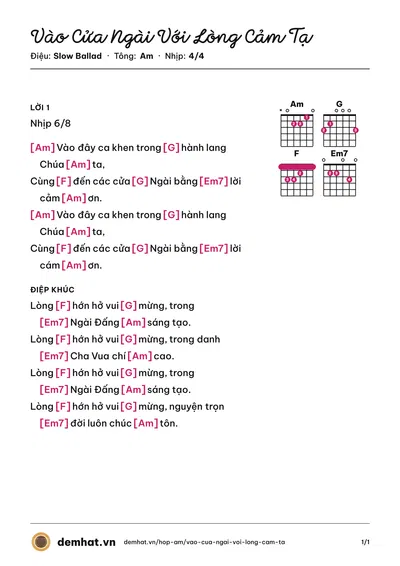 Hợp âm Vào Cửa Ngài Với Lòng Cảm Tạ – bản nhạc PDF trang 1, tông Am