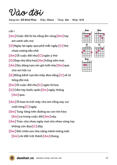 Hợp âm Vào đời (Mắt Ngọc) – bản nhạc PDF trang 1, tông Am