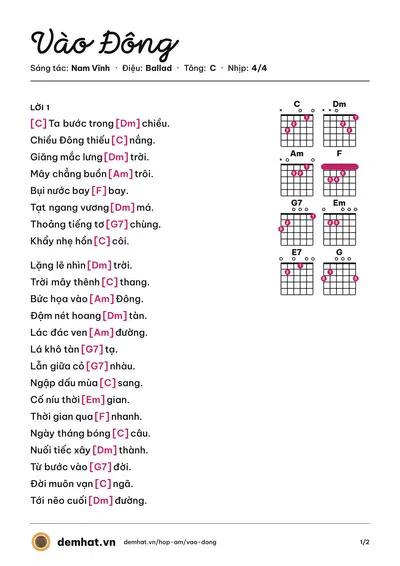 Hợp âm Vào Đông (Nam Vĩnh) – bản nhạc PDF trang 1, tông C