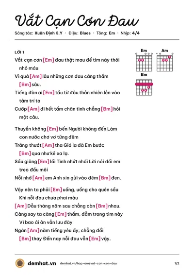 Hợp âm Vắt Cạn Cơn Đau (Xuân Định K.Y) – bản nhạc PDF trang 1, tông Em