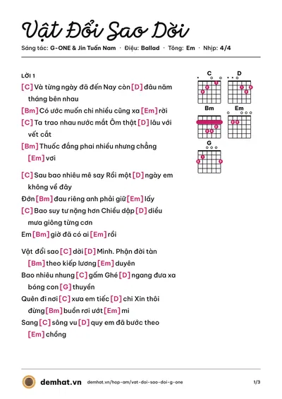 Hợp âm Vật Đổi Sao Dời (Jin Tuấn Nam) – bản nhạc PDF trang 1, tông Em