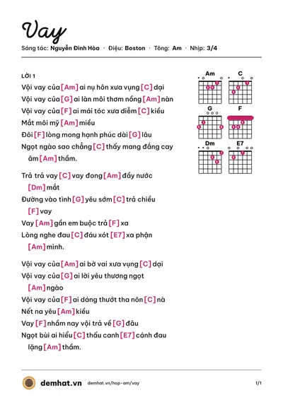 Hợp âm Vay (Thanh Hoài) – bản nhạc PDF trang 1, tông Am