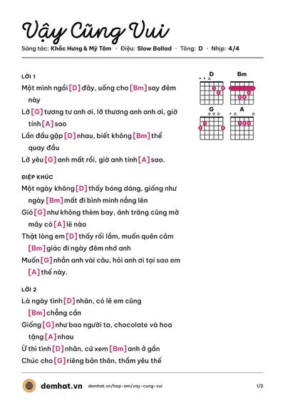Hợp âm Vậy Cũng Vui (Mỹ Tâm) – bản nhạc PDF trang 1, tông D