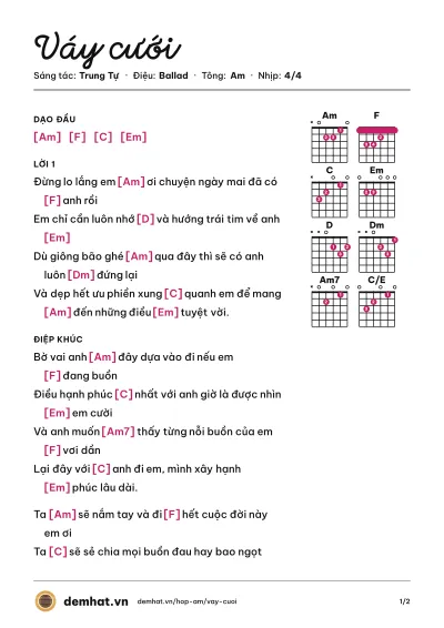 Hợp âm Váy cưới (Trung Tự) – bản nhạc PDF trang 1, tông Am