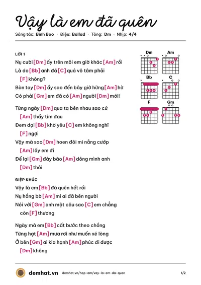 Hợp âm Vậy là em đã quên (Lâm Hoàng Phong) – bản nhạc PDF trang 1, tông Dm
