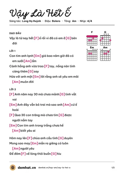 Hợp âm Vậy Là Hết Ế (Hana Cẩm Tiên) – bản nhạc PDF trang 1, tông Am