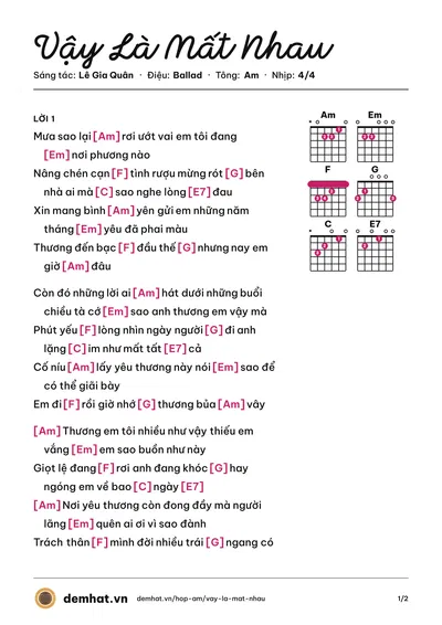 Hợp âm Vậy Là Mất Nhau (Bùi Tấn Hảo) – bản nhạc PDF trang 1, tông Am