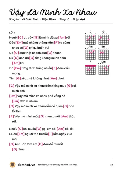 Hợp âm Vậy Là Mình Xa Nhau (Quang Hà) – bản nhạc PDF trang 1, tông C