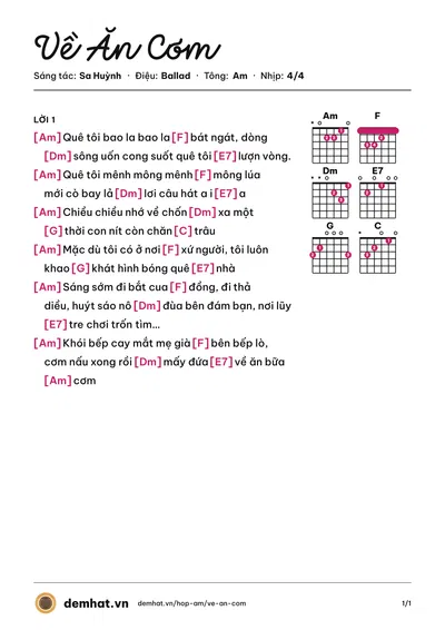 Hợp âm Về Ăn Cơm (Quốc Thiên) – bản nhạc PDF trang 1, tông Am
