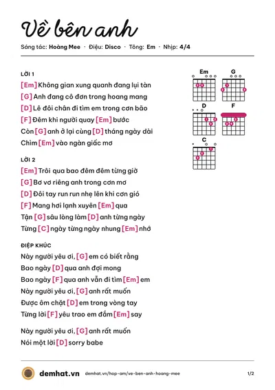 Hợp âm Về bên anh (Hoàng Mee) – bản nhạc PDF trang 1, tông Em