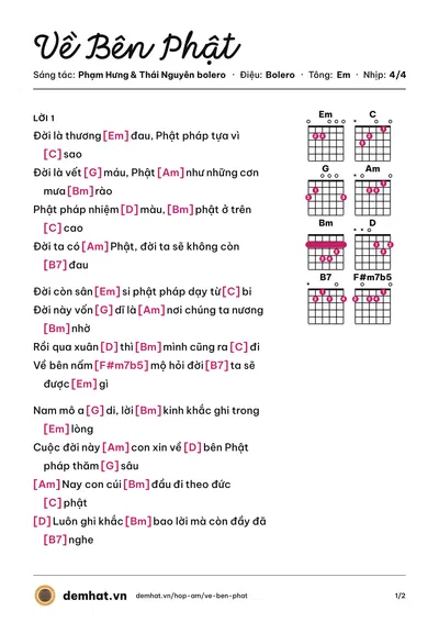 Hợp âm Về Bên Phật (Thái Nguyên bolero) – bản nhạc PDF trang 1, tông Em