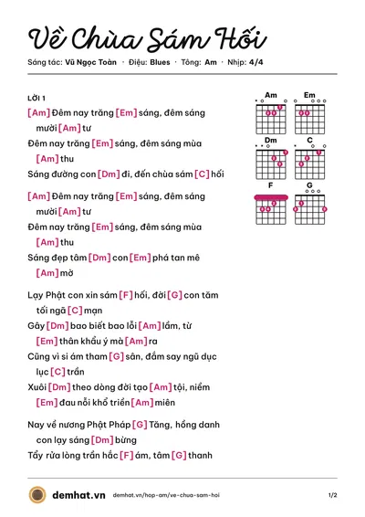 Hợp âm Về Chùa Sám Hối (Hùng Thanh) – bản nhạc PDF trang 1, tông Am