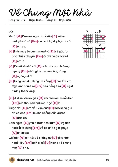 Hợp âm Về Chung Một Nhà (JTY) – bản nhạc PDF trang 1, tông G