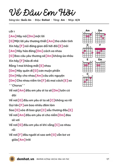 Hợp âm Về Đâu Em Hỡi (Quang Dũng) – bản nhạc PDF trang 1, tông Am