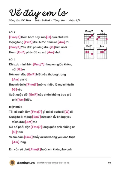 Hợp âm Về đây em lo (Huỳnh Ái Vy) – bản nhạc PDF trang 1, tông Am