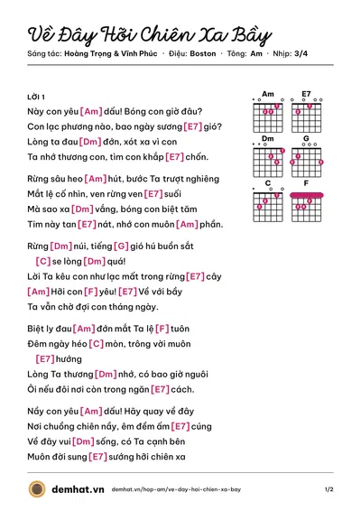 Hợp âm Về Đây Hỡi Chiên Xa Bầy (Nhật Rol) – bản nhạc PDF trang 1, tông Am
