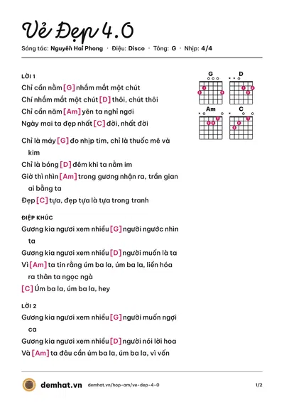 Hợp âm Vẻ Đẹp 4.0 (Hồ Ngọc Hà) – bản nhạc PDF trang 1, tông G