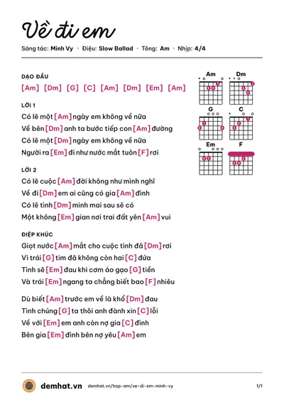 Hợp âm Về đi em (Vân Quang Long) – bản nhạc PDF trang 1, tông Am