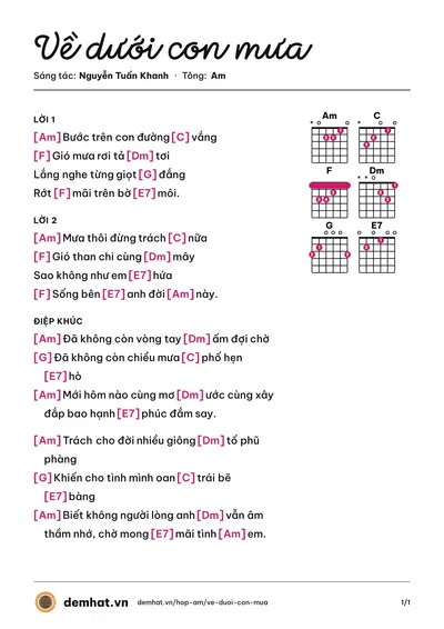 Hợp âm Về dưới con mưa (Gia Huy) – bản nhạc PDF trang 1, tông Am