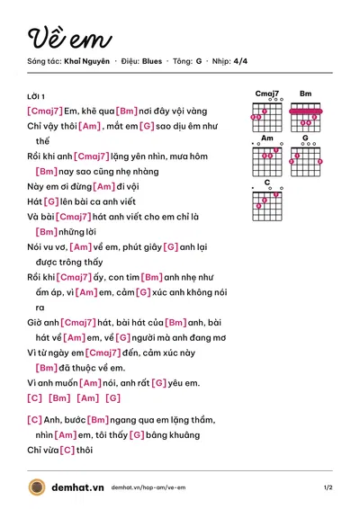 Hợp âm Về em (Khải) – bản nhạc PDF trang 1, tông G