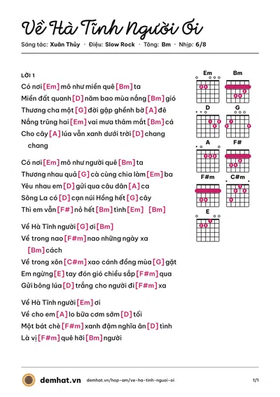 Hợp âm Về Hà Tĩnh Người Ơi (Bùi Lê Mận) – bản nhạc PDF trang 1, tông Bm