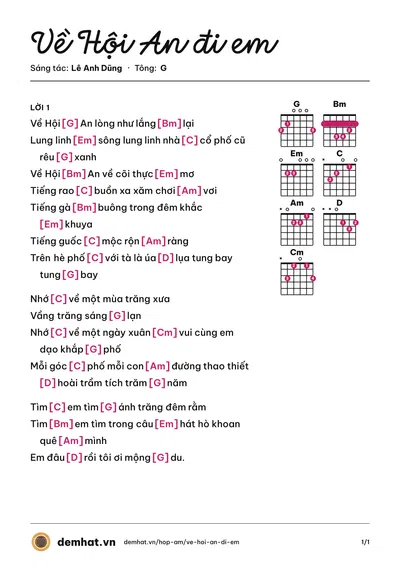 Hợp âm Về Hội An đi em (Thanh Tâm) – bản nhạc PDF trang 1, tông G