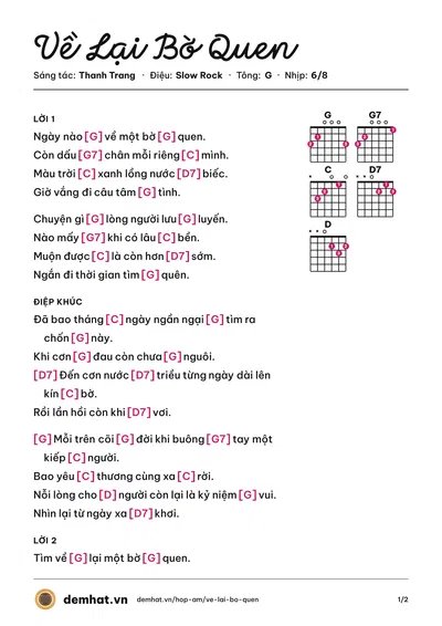 Hợp âm Về Lại Bờ Quen (Hồng Tước) – bản nhạc PDF trang 1, tông G