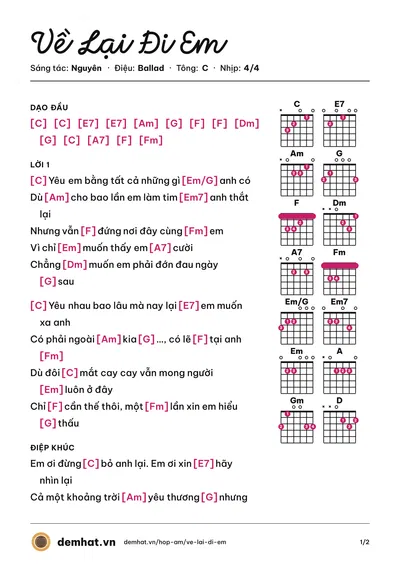 Hợp âm Về Lại Đi Em (Nguyên) – bản nhạc PDF trang 1, tông C