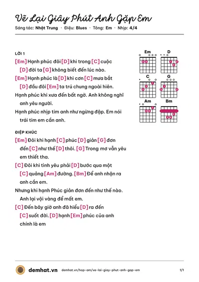 Hợp âm Vẽ Lại Giây Phút Anh Gặp Em (Akira Phan) – bản nhạc PDF trang 1, tông Em