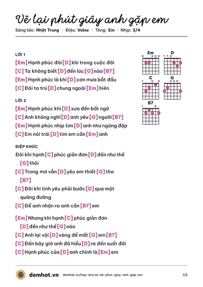 Hợp âm Vẽ lại phút giây anh gặp em (Nhật Trung) – bản nhạc PDF trang 1, tông Em