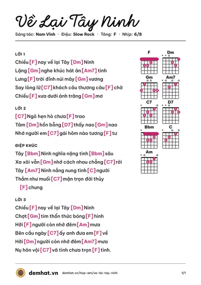 Hợp âm Về Lại Tây Ninh (Nam Vĩnh) – bản nhạc PDF trang 1, tông F