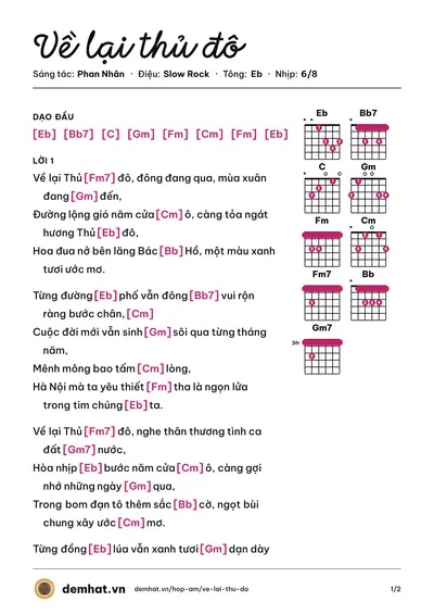 Hợp âm Về lại thủ đô (Huy Giàng) – bản nhạc PDF trang 1, tông Eb