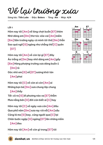 Hợp âm Về lại trường xưa (Hạnh Nguyên) – bản nhạc PDF trang 1, tông Am