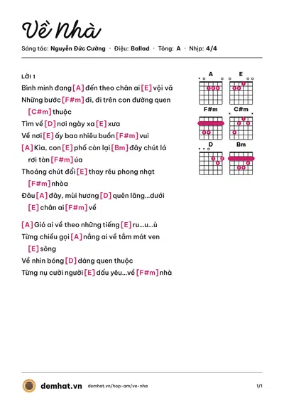Hợp âm Về Nhà (Nguyễn Đức Cường) – bản nhạc PDF trang 1, tông A