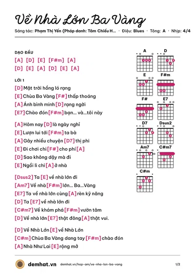 Hợp âm Về Nhà Lớn Ba Vàng (phật tử chùa Ba Vàng) – bản nhạc PDF trang 1, tông A