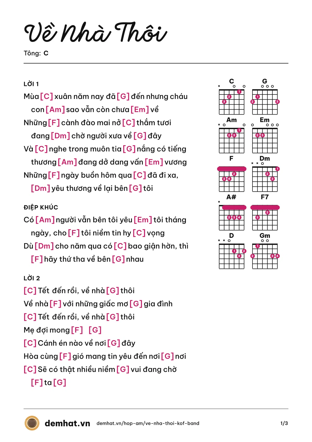 Hợp âm Về Nhà Thôi (KOF Band) – bản nhạc PDF trang 1, tông C