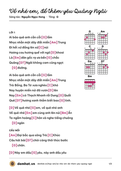 Hợp âm Về nhé em, để thêm yêu Quảng Ngãi (Trường Thư) – bản nhạc PDF trang 1, tông G