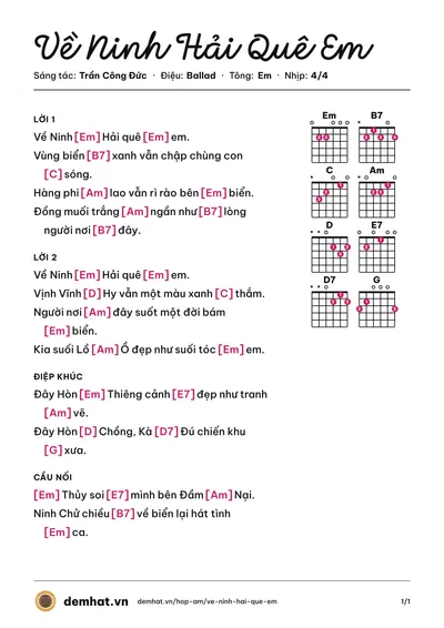 Hợp âm Về Ninh Hải Quê Em (Ngọc Trâm) – bản nhạc PDF trang 1, tông Em
